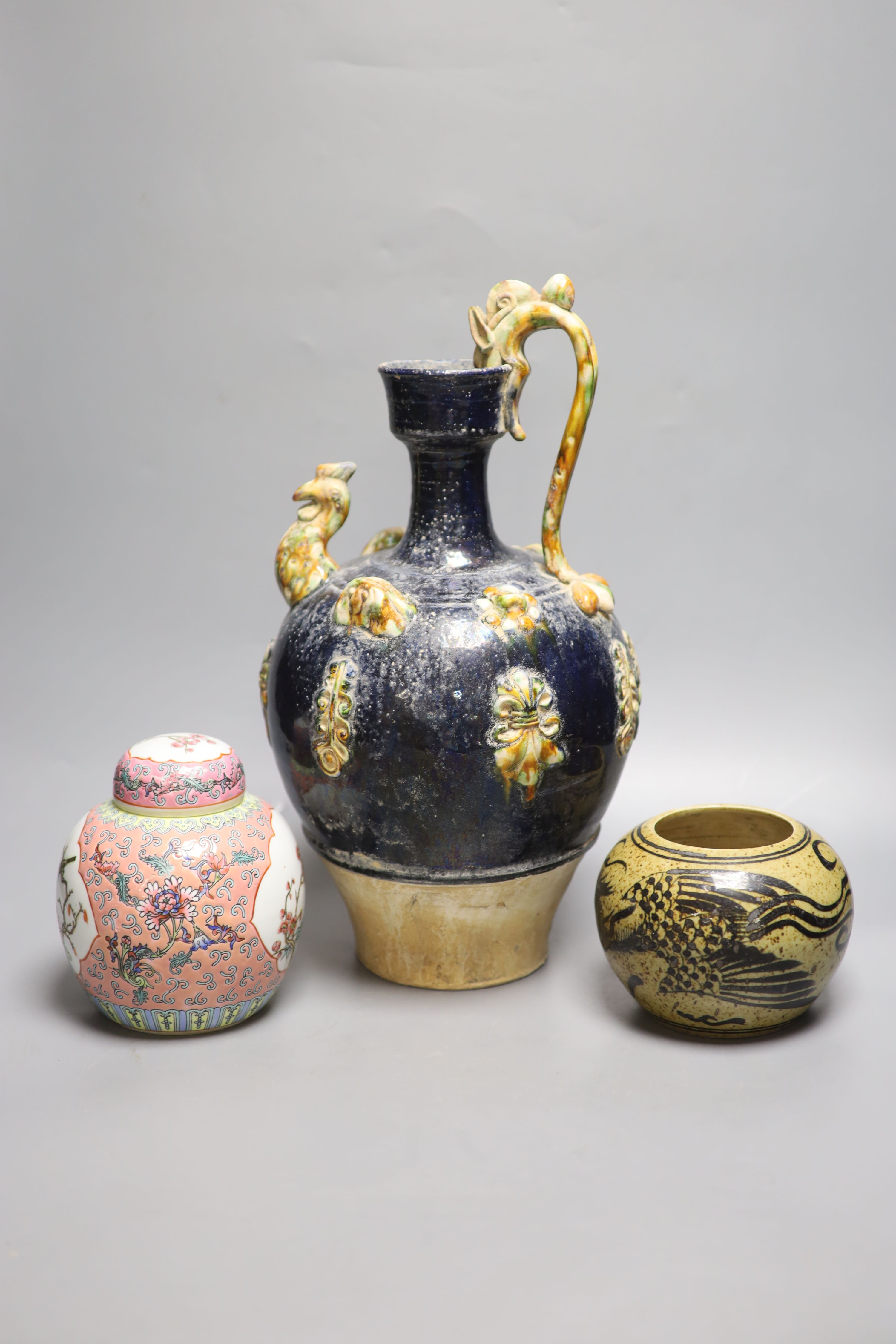 A Chinese pottery ewer, ginger jar and a bowl